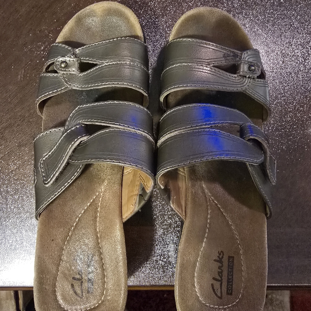 Clarks Dark Gray Leather Slide Sandals